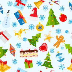 Seamless pattern of Christmas symbols in flat style on white background