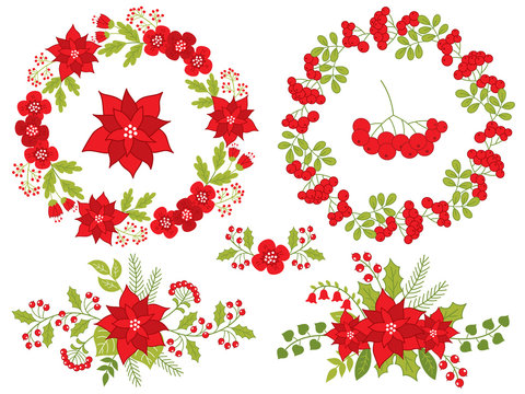 Vector Christmas and New Year Set with Floral Wreath and Bouquet