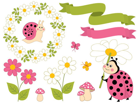 Vector Summer Set with Cute Cartoon Insects and Flowers