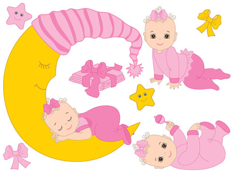 Vector Set with Cute Baby Girls, the Moon and Diapers