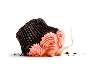 Accident, dropped cupcake with candle and smoke isolated on white