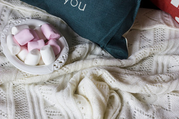 Cup of hot chocolate. Comfortable winter weekend or holidays at home