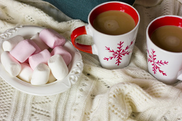 Cup of hot chocolate. Comfortable winter weekend or holidays at home