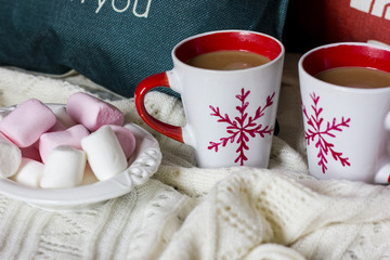 Cup of hot chocolate. Comfortable winter weekend or holidays at home