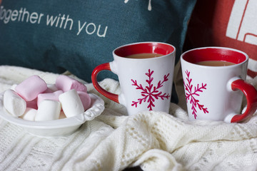 Cup of hot chocolate. Comfortable winter weekend or holidays at home