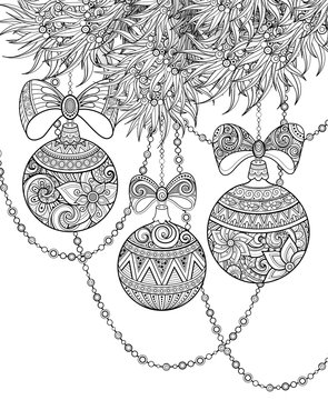 Monochrome Merry Christmas Illustration, Ethnic Motifs. Ball, Bow, Angel Decorations on the Tree. Holiday Background in Doodle Line Style. Coloring Book Page. Vector Contour Art with Realistic Shadows