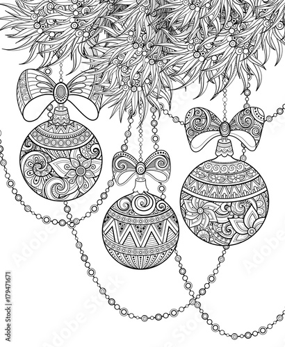 Monochrome Merry Christmas Illustration Ethnic Motifs Ball Bow Angel Decorations On The