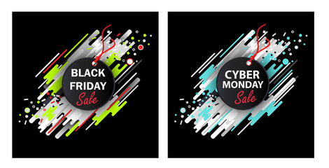 Black Friday and Cyber Monday. Set of two sale banners, ovals and stripes, abstract background, round banner, advertisement. Vector illustration. Design template with an inscription for sale