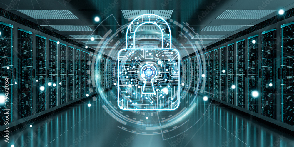 Poster firewall activated on server room data center 3d rendering