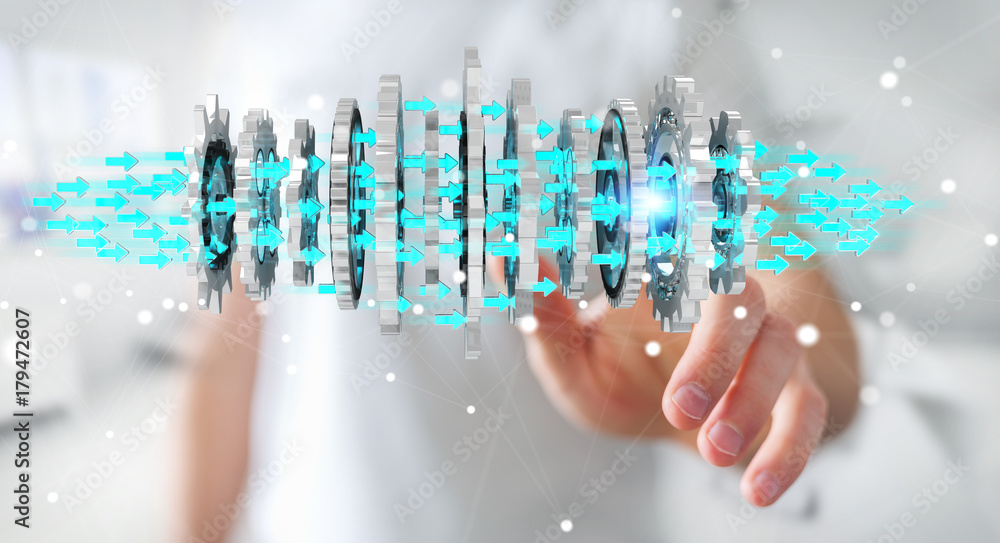 Poster businessman using floating modern gear mechanism 3d rendering