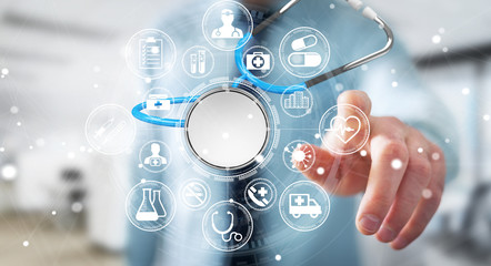 Businessman holding and touching floating stethoscope 3D rendering