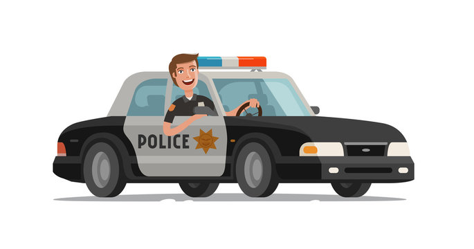 Happy policeman goes on police car with flashing lights. Cartoon vector illustration
