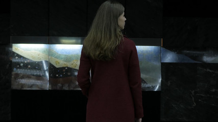 Girl waiting for arriving train at the subway station. Rear view of girl waiting at train station....
