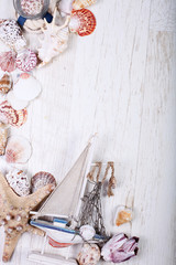 Holidays Vintage wood frame with sea shells, the banner template for design and web