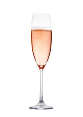 Rose pink champagne glass with bubbles isolated