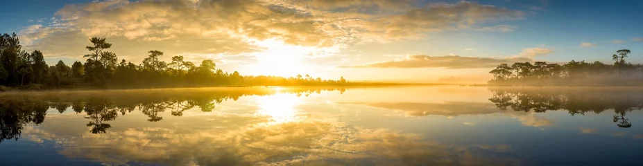 Printed roller blinds Lake / Pond Panoramic view of sunrise over the lake in nation park, Beautiful rainforest landscape with fog in morning, Thailand