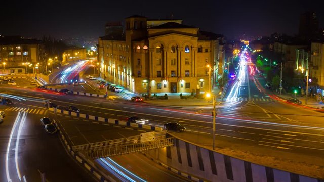Time lapse cityscape traffic with motion blur pictures . Yerevan at night.
