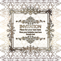 Abstract background with calligraphic luxury gold flourishes and vintage frame, victorian banner,wallpaper ornaments, invitation card, baroque style booklet, fashion pattern, template for design.