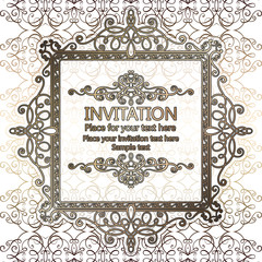 Abstract background with calligraphic luxury gold flourishes and vintage frame, victorian banner,wallpaper ornaments, invitation card, baroque style booklet, fashion pattern, template for design.