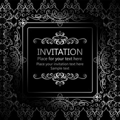 Abstract background with calligraphic luxury silver flourishes and vintage frame, victorian banner,wallpaper ornaments, invitation card, baroque style booklet, fashion pattern, template for design.