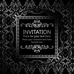 Abstract background with calligraphic luxury silver flourishes and vintage frame, victorian banner,wallpaper ornaments, invitation card, baroque style booklet, fashion pattern, template for design.