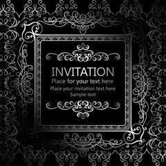 Abstract background with calligraphic luxury silver flourishes and vintage frame, victorian banner,wallpaper ornaments, invitation card, baroque style booklet, fashion pattern, template for design.