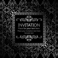Abstract background with calligraphic luxury silver flourishes and vintage frame, victorian banner,wallpaper ornaments, invitation card, baroque style booklet, fashion pattern, template for design.