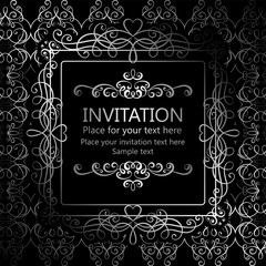 Abstract background with calligraphic luxury silver flourishes and vintage frame, victorian banner,wallpaper ornaments, invitation card, baroque style booklet, fashion pattern, template for design.