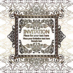 Abstract background with calligraphic luxury gold flourishes and vintage frame, victorian banner,wallpaper ornaments, invitation card, baroque style booklet, fashion pattern, template for design.