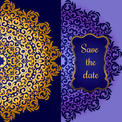 Rich gold invitation card in the Indian style. Bohemian Cards with mandalas. Royal blue and cold ornament . Unique template for design or backdrop