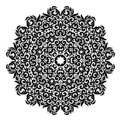 Circle lace ornament, round ornamental geometric doily pattern, black and white isolated mandala