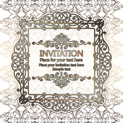 Abstract background with calligraphic luxury gold flourishes and vintage frame, victorian banner,wallpaper ornaments, invitation card, baroque style booklet, fashion pattern, template for design.