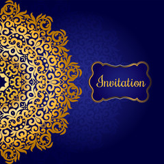Rich gold invitation card in the Indian style. Bohemian Cards with mandalas. Royal blue and cold ornament . Unique template for design or backdrop