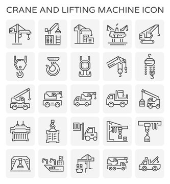 Crane icon or lifting equipment i.e. tower, crawler, wich, mobile, loader, jib, overhead, gantry, container etc.  For industry work i.e. construction, transportation, production, manufacturing etc.