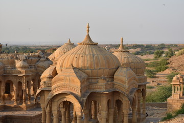 Fototapeta premium beautiful ancient cenotaphs of rawal kings in bada baagh jaisalmer rajasthan india