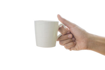 Woman hand is holding a white coffee cup isolated on white background.