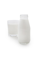 Bottle milk and glass isolated on white background, File contains a clipping path.