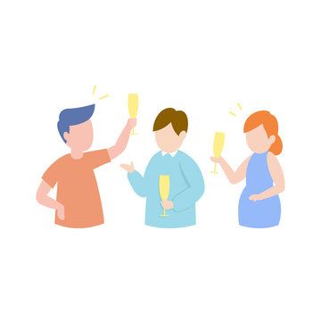 Happy friends having party concept, cheerful young people drinking champagne, vector illustration.