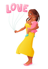Beautiful African mother holding her little daughter. Isolated vector illustration.