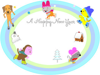 年賀状素材の動物のアイススケート