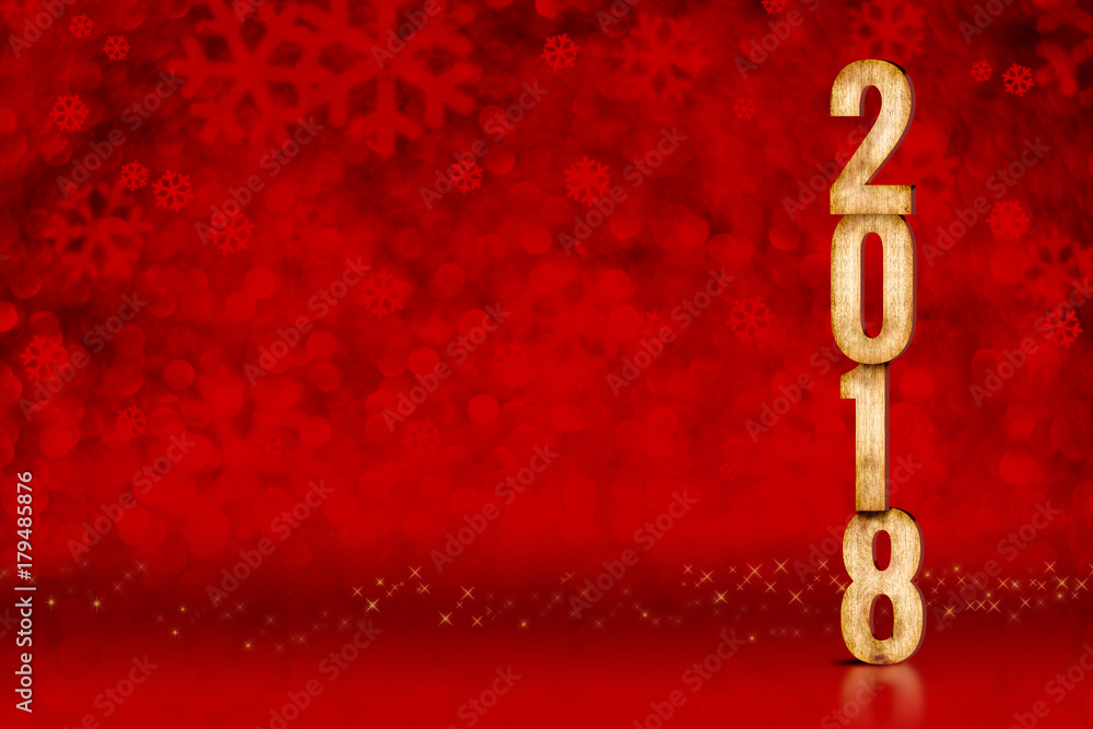 Poster Happy New Year 2018 number at red snowflakes sparkling bokeh lights,Leave space for adding content, Holiday greeting card,3d rendering