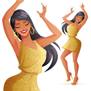 Beautiful dancing woman in golden glitter dress. Isolated vector illustration.