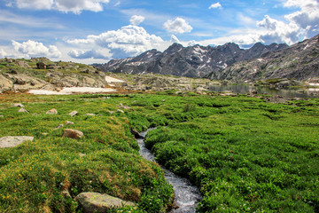 Fototapeta na wymiar Rocky Mountain Landscape with Lakes and Waterfalls