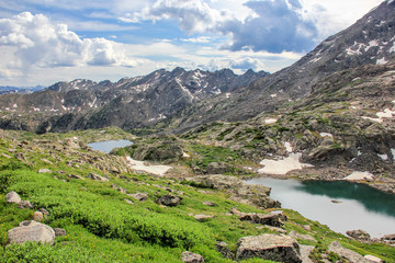 Rocky Mountain Landscape with Lakes and Waterfalls