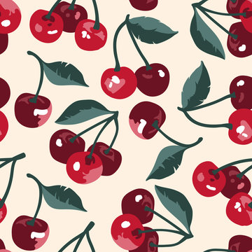 Vector summer pattern with sweet cherries, flowers and leaves. Seamless texture design.