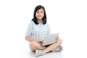 Asian girl with laptop, isolated on white background