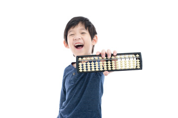 Asian child holding Soroban abacus