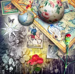 Tableaux ronds sur plexiglas Imagination Paysage fantastique et surréaliste avec de vieilles cartes, timbres et cartes à jouer