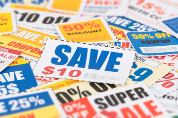 Saving discount coupon voucher, coupons are mock-up