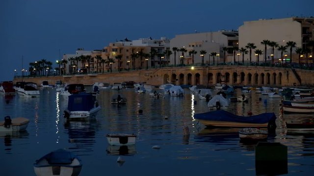 The night view of Marsaskala waterfront and Marsaskala Creek. Malta